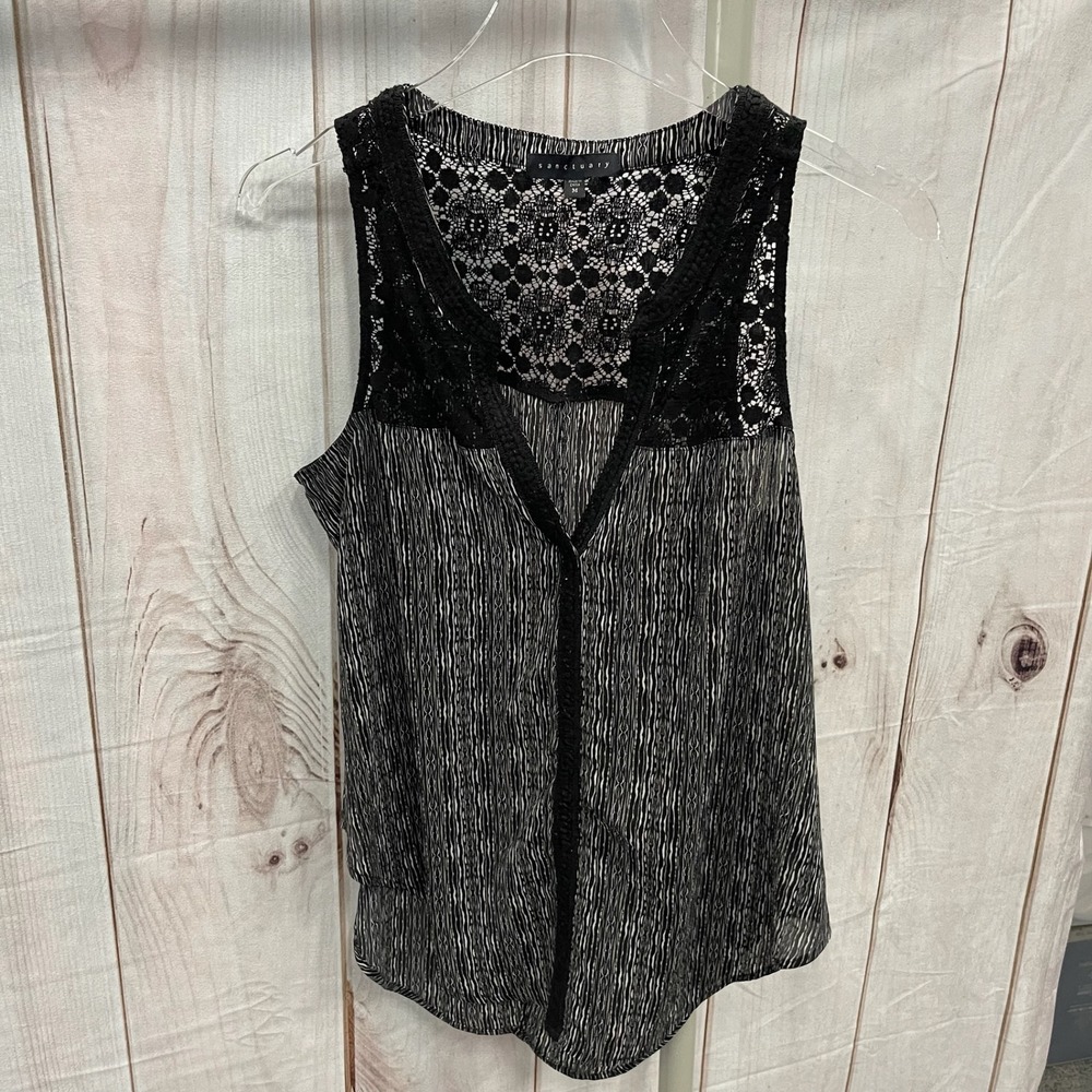 Sanctuary Black White Abstract Print Lace Trim Sleeveless Blouse Medium